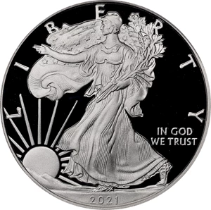 image for: 2021-W Silver Eagle. Type I, Heraldic Eagle. First Day of Issue. Proof-70 Deep Cameo (PCGS).