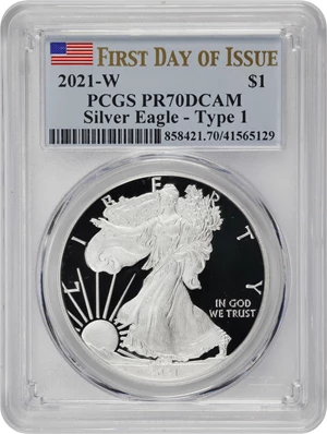 image for: 2021-W Silver Eagle. Type I, Heraldic Eagle. First Day of Issue. Proof-70 Deep Cameo (PCGS).
