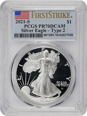 image for: 2021-S Silver Eagle. Type II, Eagle Landing. First Strike. Proof-70 Deep Cameo (PCGS).