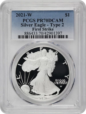 image for: 2021-W Silver Eagle. Type II, Eagle Landing. First Strike. Proof-70 Deep Cameo (PCGS).
