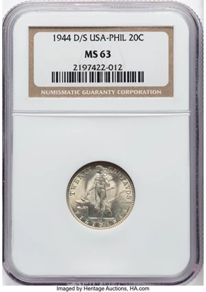 image for: 1944-D/S 20C Philippines 20 Centavos, Allen-12.04a, MS63 NGC. NGC Census: (13/39). ...