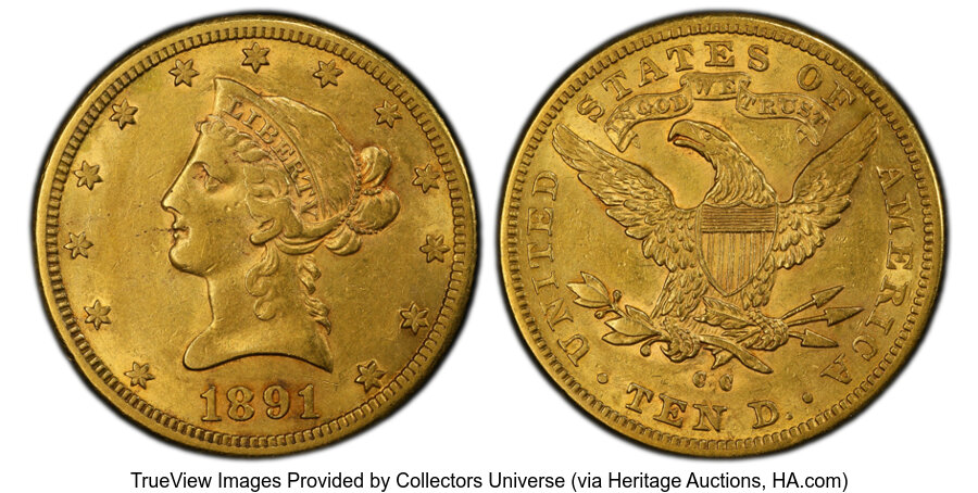 1891-CC $10 XF45 PCGS. Mintage 103,732. ...