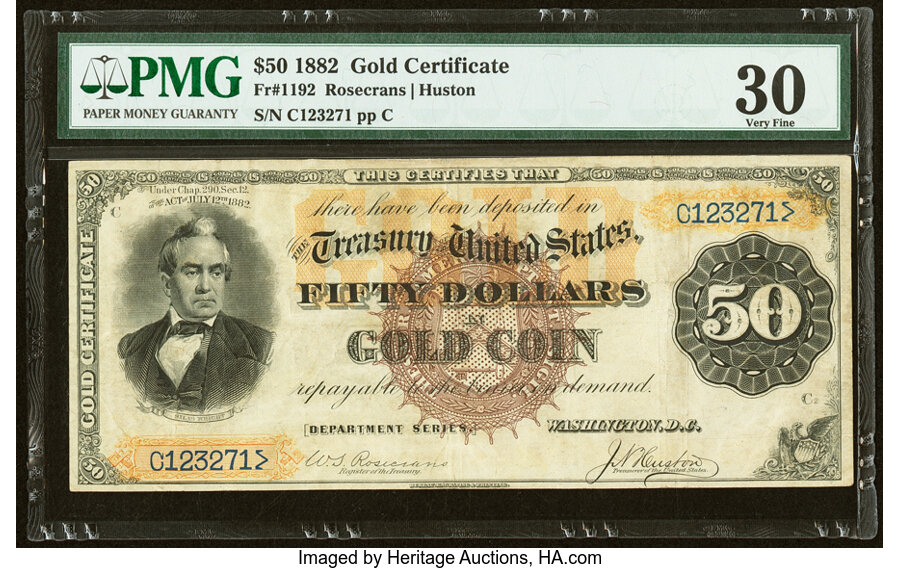 image for: Fr. 1192 $50 1882 Gold Certificate PMG Very Fine 30....