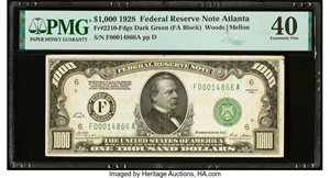 image for: Fr. 2210-F $1,000 1928 Federal Reserve Note. PMG Extremely Fine 40....