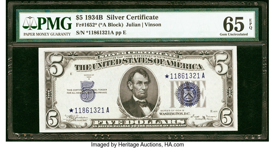 image for: Fr. 1652* $5 1934B Silver Certificate Star. PMG Gem Uncirculated 65 EPQ....