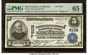 image for: San Francisco, CA - $5 1902 Plain Back Fr. 606 Wells-Fargo Nevada National Bank Ch. # (P)5105 PMG Gem Uncirculated 65 EPQ....