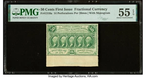 image for: Fr. 1310a Milton 1R50.3d 50¢ First Issue with Bottom Selvage Included PMG About Uncirculated 55 EPQ....