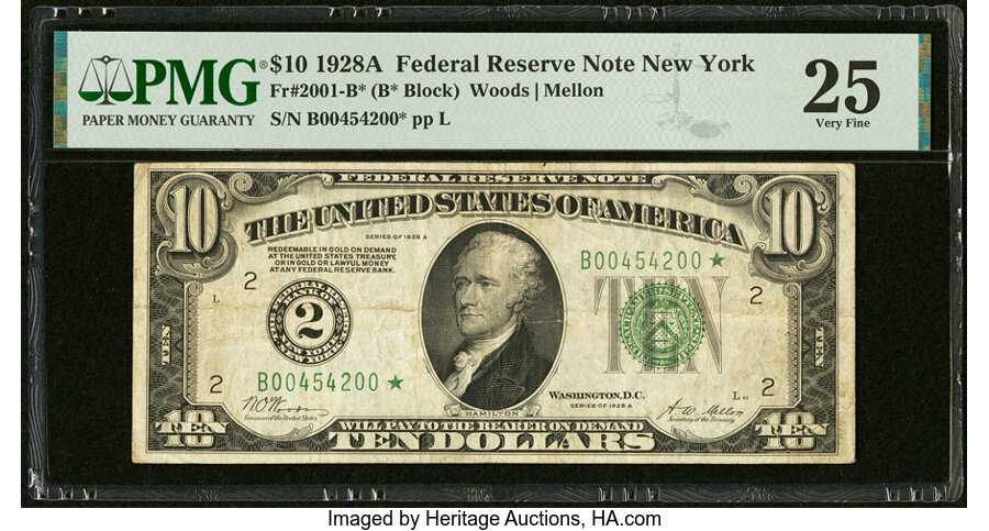 image for: Fr. 2001-B* $10 1928A Federal Reserve Star Note. PMG Very Fine 25....