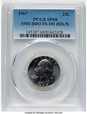image for: 1967 25C Doubled Die Obverse, FS-101, SP68 PCGS. Formerly FS-026.5. PCGS Population: (15/0). Mintage 1,800,000....
