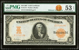 image for: Fr. 1171 $10 1907 Gold Certificate PMG About Uncirculated 53 EPQ....