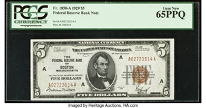 image for: Fr. 1850-A $5 1929 Federal Reserve Bank Note. PCGS Gem New 65PPQ....