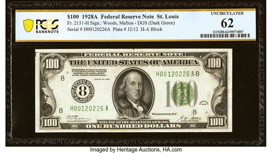 image for: Fr. 2150-H $100 1928 Federal Reserve Note. PCGS Banknote Uncirculated 62....