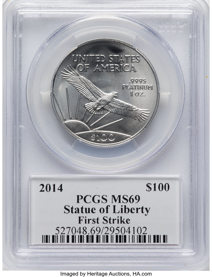 image for: 2014 $100 One-Ounce Platinum Eagle, Statue of Liberty, First Strike, MS69 PCGS. Hand-signed, John M. Mercanti. PCGS Populat...