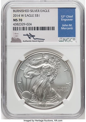 image for: 2014-W $1 Silver Eagle, Burnished MS70 NGC. Authentic Hand-Signed, John M. Mercanti. NGC Census: (7433). PCGS Population: (...