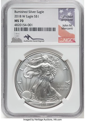 image for: 2018-W $1 Silver Eagle, Burnished, MS70 NGC. Authentic Hand-Signed, John M. Mercanti. NGC Census: (3842). PCGS Population: ...