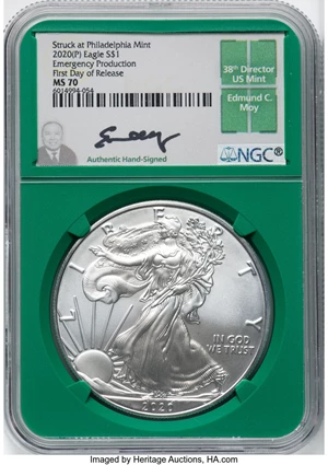 image for: 2020-(P) $1 Silver Eagle, Emergency Production, First Day of Releases, Struck at Philadelphia MS70 NGC. Hand-signed, Edmund...