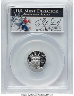 image for: 1998-W $10 Tenth-Ounce Platinum, Statue of Liberty PR70 Deep Cameo PCGS. Hand-signed, Philip Diehl....