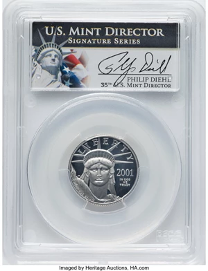 image for: 2001-W $25 Quarter-Ounce Platinum Eagle, Statue of Liberty PR70 Deep Cameo PCGS. Hand-signed, Philip Diehl....