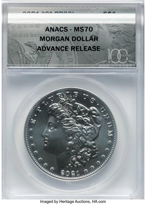 image for: 2021-O $1 Morgan Dollar 100th Anniversary, O Privy, Advanced Release, MS70 ANACS....