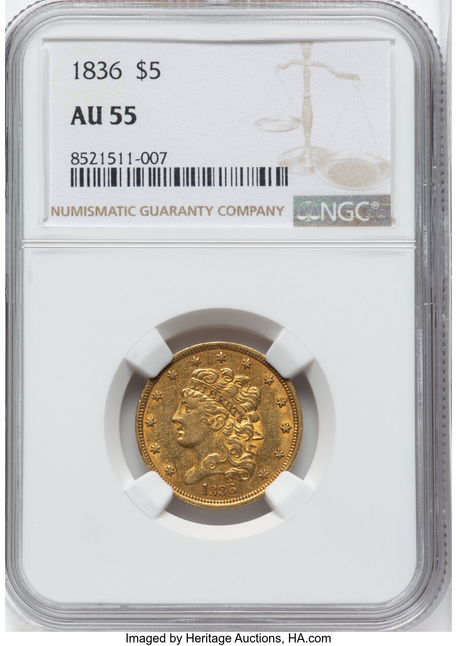 image for: 1836 $5  Block 8, HM-7, R.3, AU55 NGC.  Mintage 553,147....