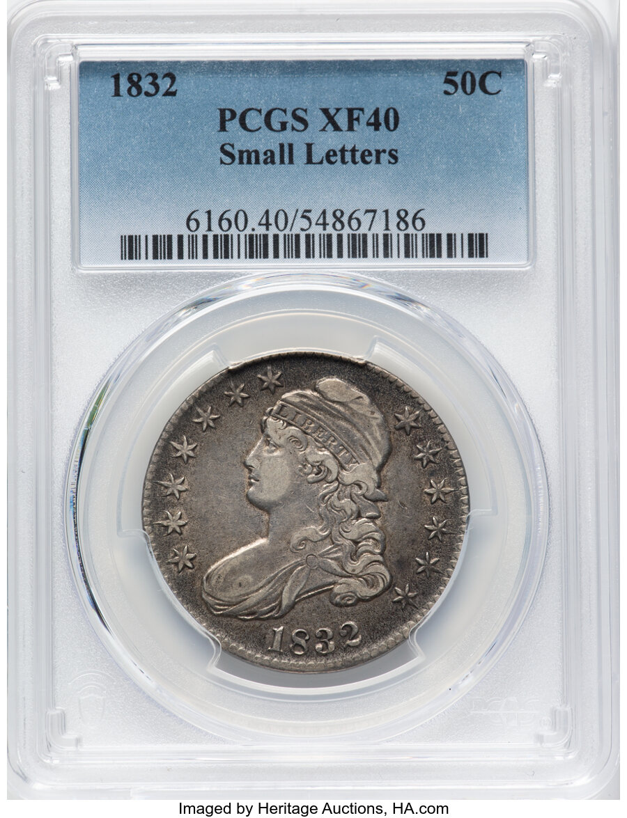 image for: 1832 50C Small Letters, O-106, R.1, XF40 PCGS.  Mintage 4,797,000....