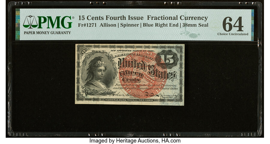 image for: Fr. 1271 15¢ Fourth Issue PMG Choice Uncirculated 64....