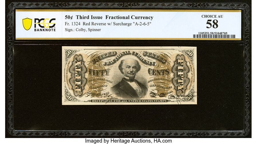 image for: Fr. 1324 50¢ Third Issue Spinner PCGS Banknote Choice AU 58....