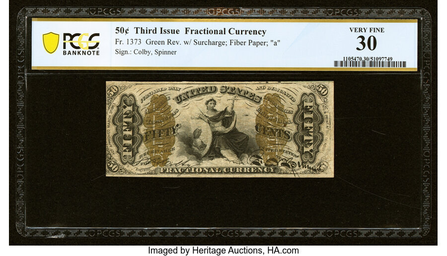 image for: Fr. 1373 50¢ Third Issue Justice PCGS Banknote Very Fine 30....