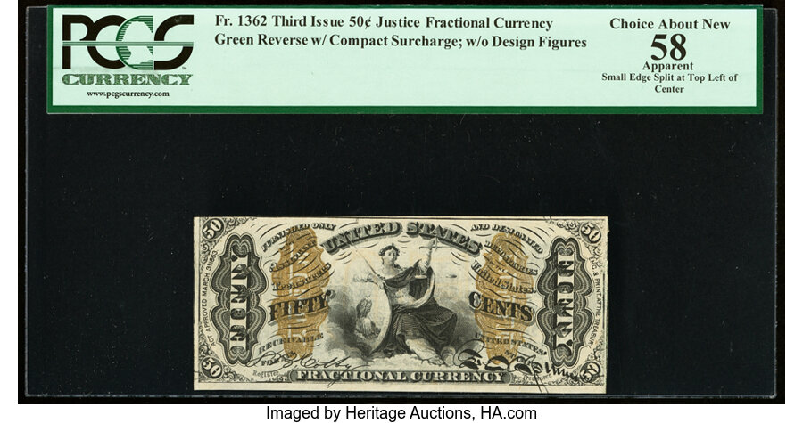 image for: Fr. 1362 50¢ Third Issue Justice PCGS Apparent Choice About New 58....