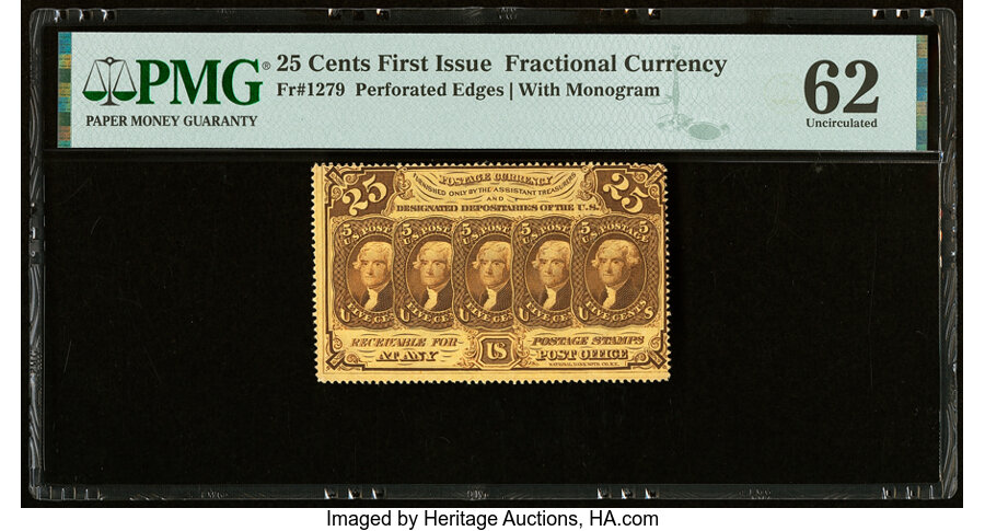 image for: Fr. 1279 25¢ First Issue PMG Uncirculated 62....