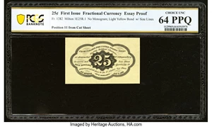 image for: Fr. 1282 Milton 1E25R.1 25¢ First Issue Essay Proof Back PCGS Banknote Choice Unc 64 PPQ....