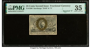 image for: Inverted "S" Surcharge Error Fr. 1286 Milton 2R25.3g 25¢ Second Issue PMG Choice Very Fine 35....