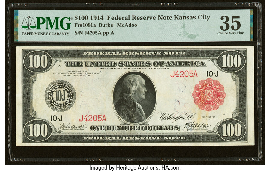 image for: Fr. 1081a $100 1914 Red Seal Federal Reserve Note PMG Choice Very Fine 35....