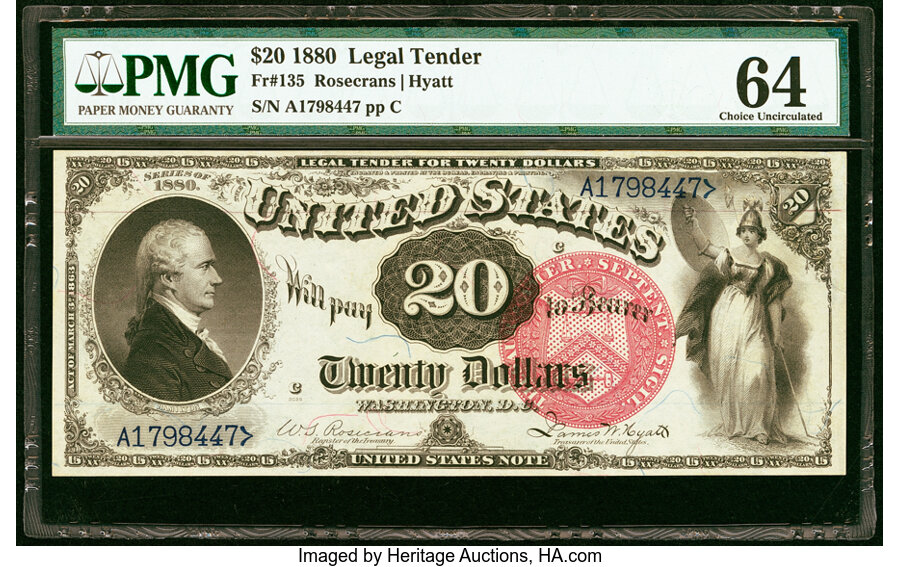 image for: Fr. 135 $20 1880 Legal Tender PMG Choice Uncirculated 64....