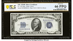 image for: Fr. 1703 $10 1934B Silver Certificate. PCGS Banknote Gem Unc 66 PPQ....