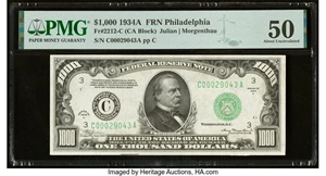 image for: Fr. 2212-C $1,000 1934A Federal Reserve Note. PMG About Uncirculated 50....