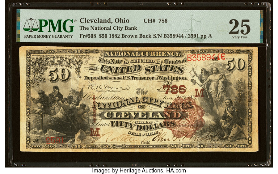 image for: Cleveland, OH - $50 1882 Brown Back Fr. 508 The National City Bank Ch. # (M)786 PMG Very Fine 25....