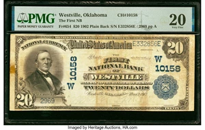 image for: Westville, OK - $20 1902 Plain Back Fr. 654 The First National Bank Ch. # (W)10158 PMG Very Fine 20....