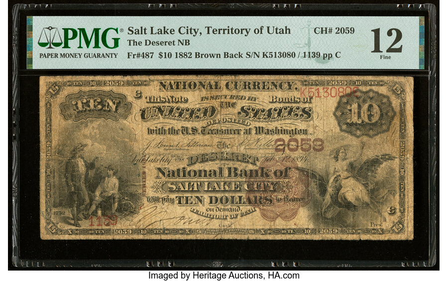 image for: Salt Lake City, Utah Territory - $10 1882 Brown Back Fr. 487 The Deseret National Bank Ch. # 2059 PMG Fine 12....