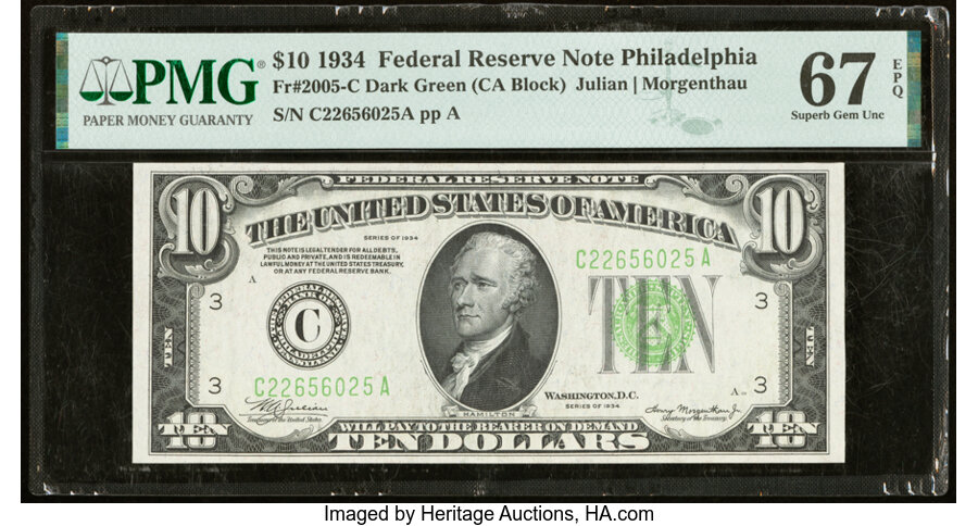 image for: Fr. 2005-C $10 1934 Federal Reserve Note. PMG Superb Gem Unc 67 EPQ....