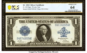image for: Fr. 239 $1 1923 Silver Certificate PCGS Banknote Choice Unc 64....