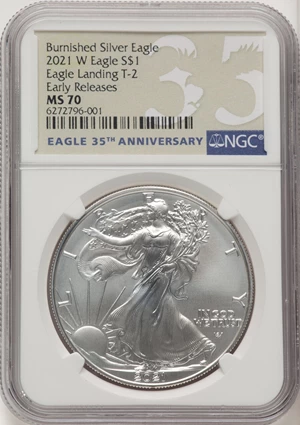 image for: 2021-W $1 Silver Eagle, 35th Anniversary, Type Two Eagle Landing, Early Releases, Burnished, MS70 NGC....