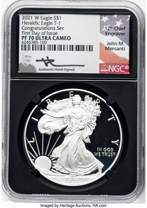 image for: 2021-W $1 Silver Eagle, Heraldic Eagle Type One, Congratulations Set, First Day of Issue, PR70 Ultra Cameo NGC. Hand-signe...