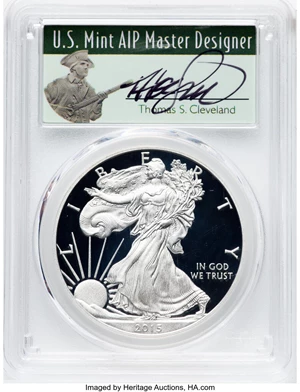 image for: 2015-W $1 Silver Eagle, First Day of Issue, Denver, Cleveland Minuteman PR70 Deep Cameo PCGS. Hand-signed, Thomas S. Clevel...