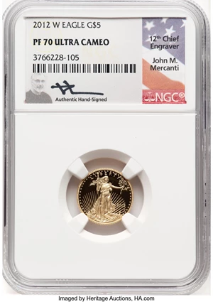 image for: 2012-W $5 Tenth-Ounce Gold Eagle PR70 Ultra Cameo NGC. Hand-signed, John M. Mercanti. NGC Census: (1889). PCGS Population: ...
