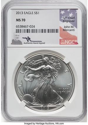 image for: 2013 $1 Silver Eagle MS70 NGC. Authentic Hand-Signed, John M. Mercanti. NGC Census: (15660). PCGS Population: (2551). CDN: ...