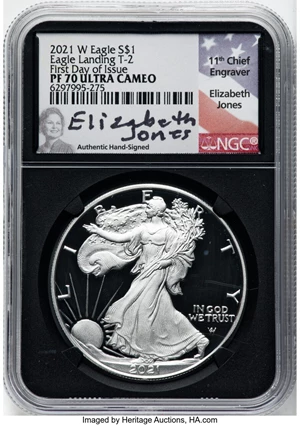 image for: 2021-W $1 Silver Eagle, Landing Type Two, First Day of Issue, PR70 Ultra Cameo NGC. Authentic Hand-Signed, Elizabeth Jones....