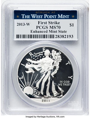 image for: 2013-W $1 Silver Eagle, Struck at The West Point Mint, First Strike, Enhanced Mint State, MS70 PCGS....