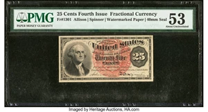 image for: Fr. 1301 25¢ Fourth Issue PMG About Uncirculated 53....