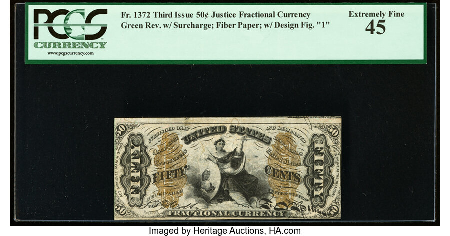 image for: Fr. 1372 50¢ Third Issue Justice PCGS Extremely Fine 45....